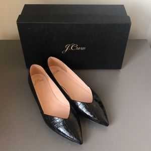 J. Crew Gwen flats in black croc-embossed leather